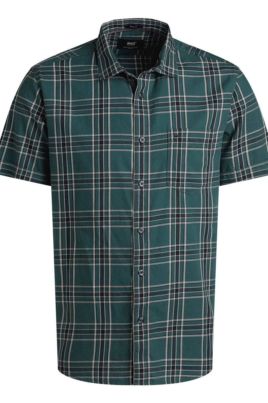 BASICS SLIM FIT GREEN TWILL CHECKS HALFSLEEVES SHIRT