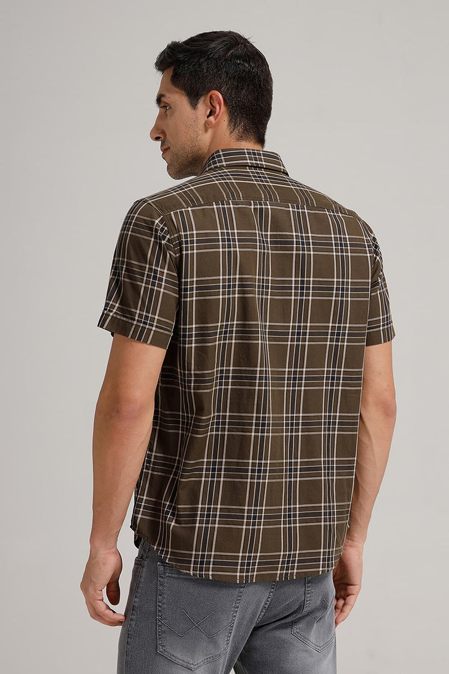 BASICS SLIM FIT BROWN TWILL CHECKS HALFSLEEVES SHIRT