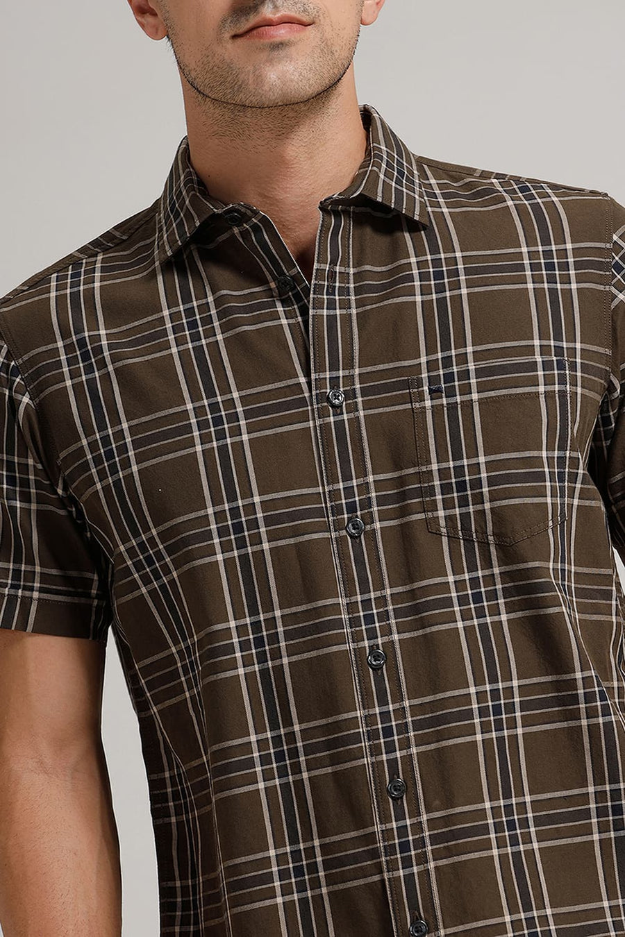 BASICS SLIM FIT BROWN TWILL CHECKS HALFSLEEVES SHIRT