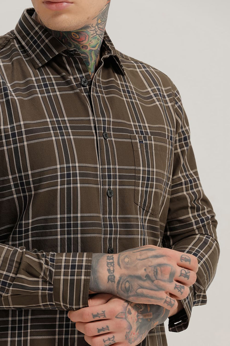 BASICS SLIM FIT BROWN TWILL CHECKS SHIRT