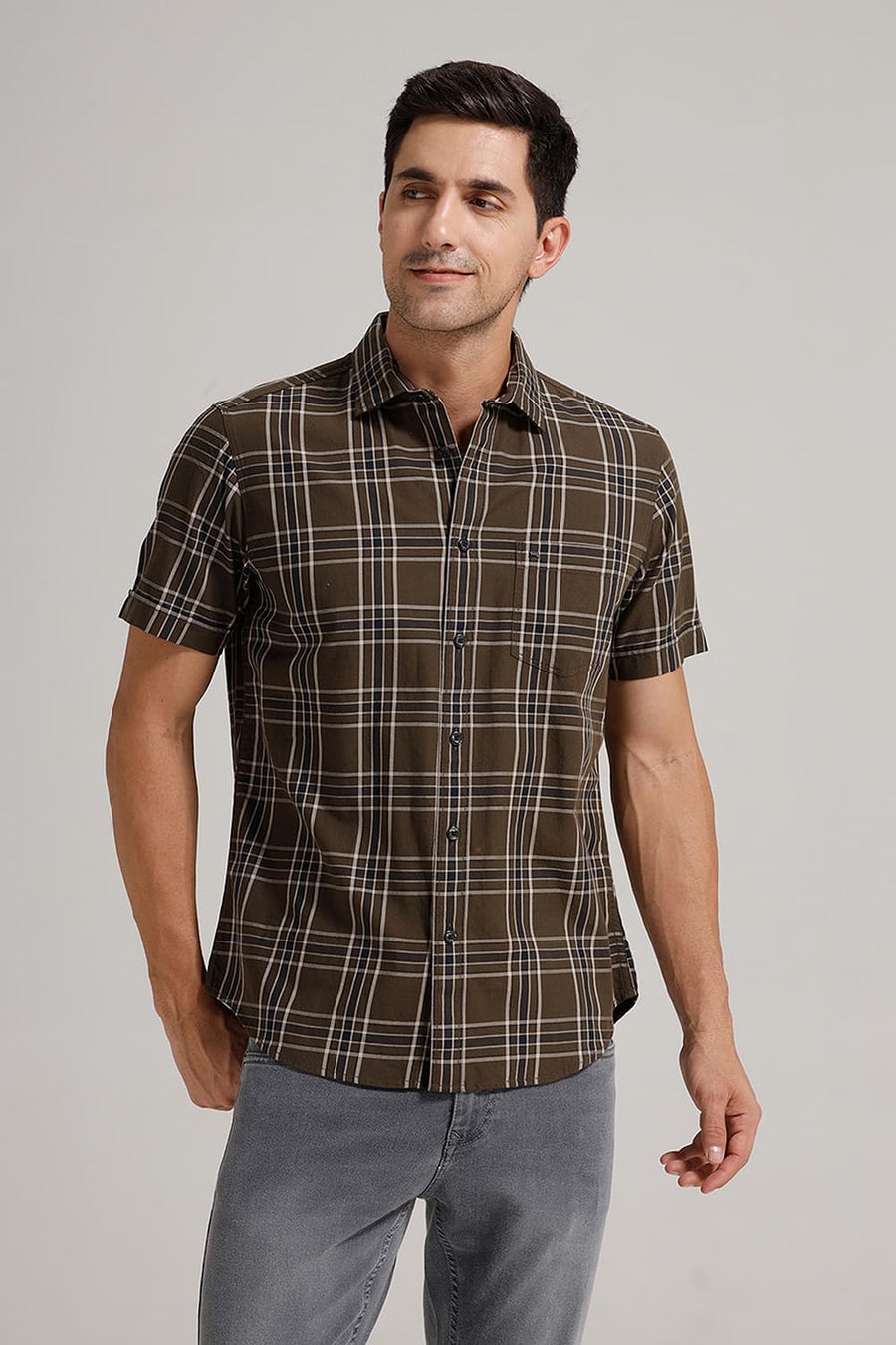 BASICS SLIM FIT BROWN TWILL CHECKS HALFSLEEVES SHIRT