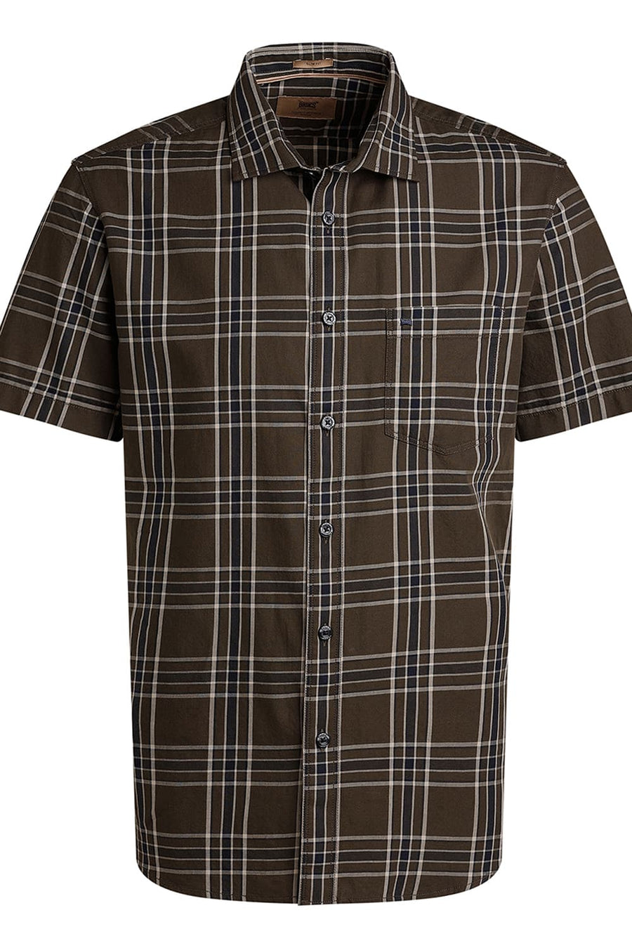 BASICS SLIM FIT BROWN TWILL CHECKS HALFSLEEVES SHIRT