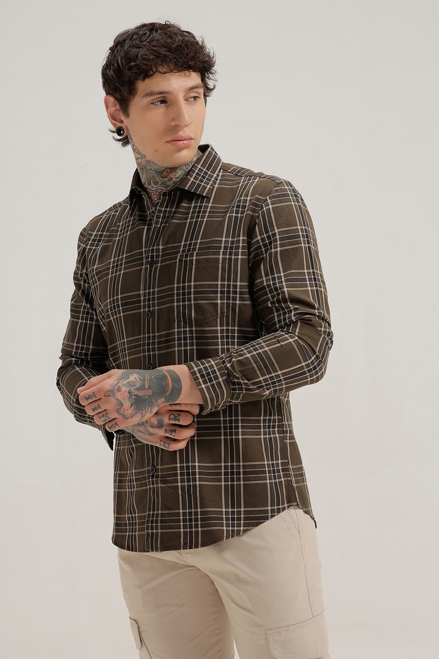 BASICS SLIM FIT BROWN TWILL CHECKS SHIRT