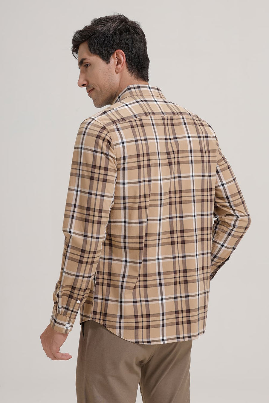 BASICS SLIM FIT KHAKI COTTON CHECKS SHIRT