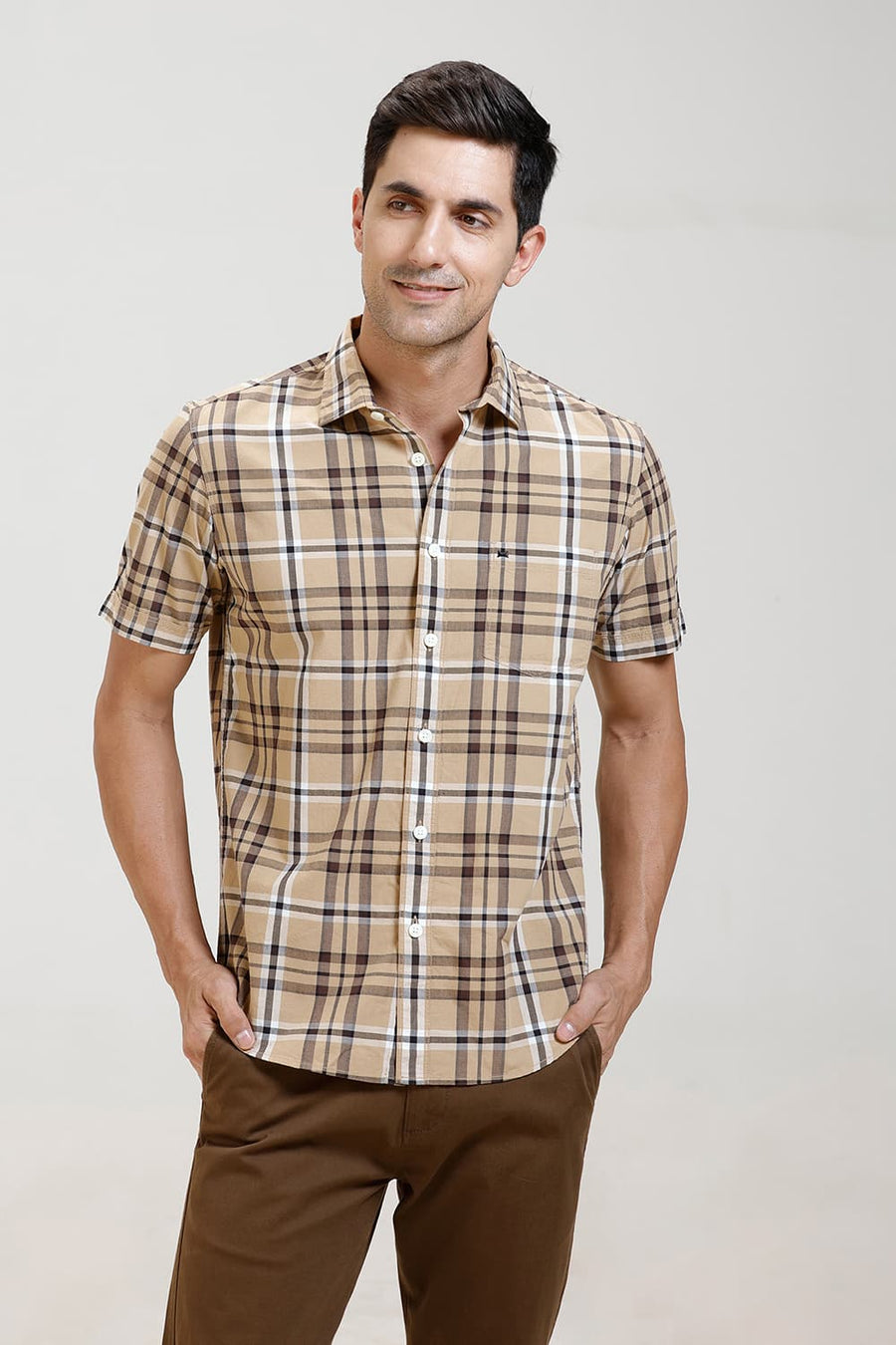 BASICS SLIM FIT KHAKI COTTON CHECKS HALFSLEEVES SHIRT
