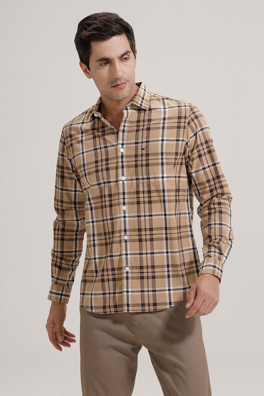 BASICS SLIM FIT KHAKI COTTON CHECKS SHIRT
