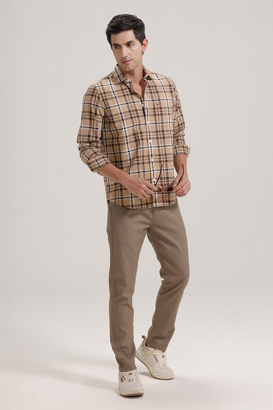 BASICS SLIM FIT KHAKI COTTON CHECKS SHIRT
