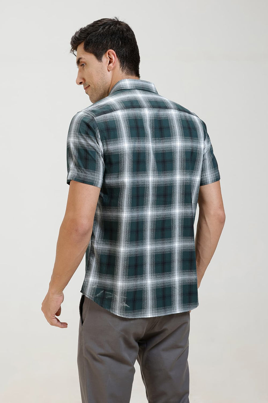 BASICS SLIM FIT DARK GREEN COTTON GRINDLE CHECKS HALFSLEEVES SHIRT