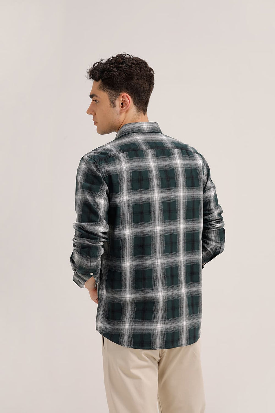 BASICS SLIM FIT DARK GREEN COTTON GRINDLE CHECKS SHIRT