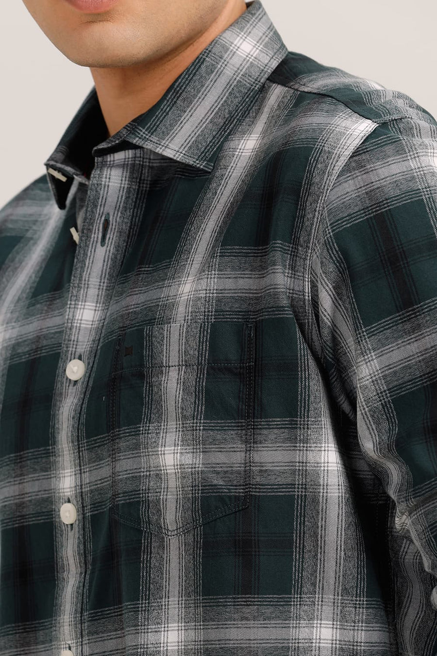 BASICS SLIM FIT DARK GREEN COTTON GRINDLE CHECKS SHIRT