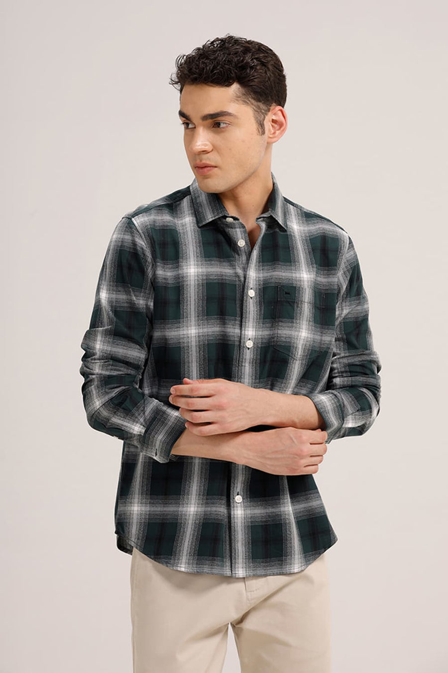 BASICS SLIM FIT DARK GREEN COTTON GRINDLE CHECKS SHIRT