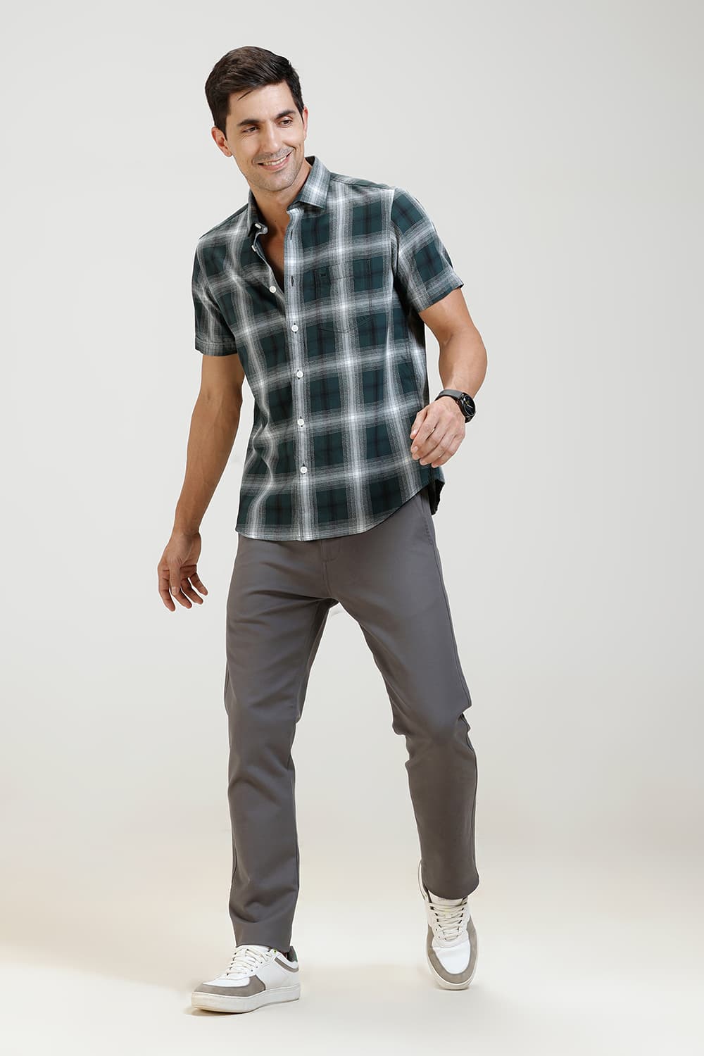 SLIM FIT COTTON GRINDLE CHECKS HALFSLEEVES SHIRT