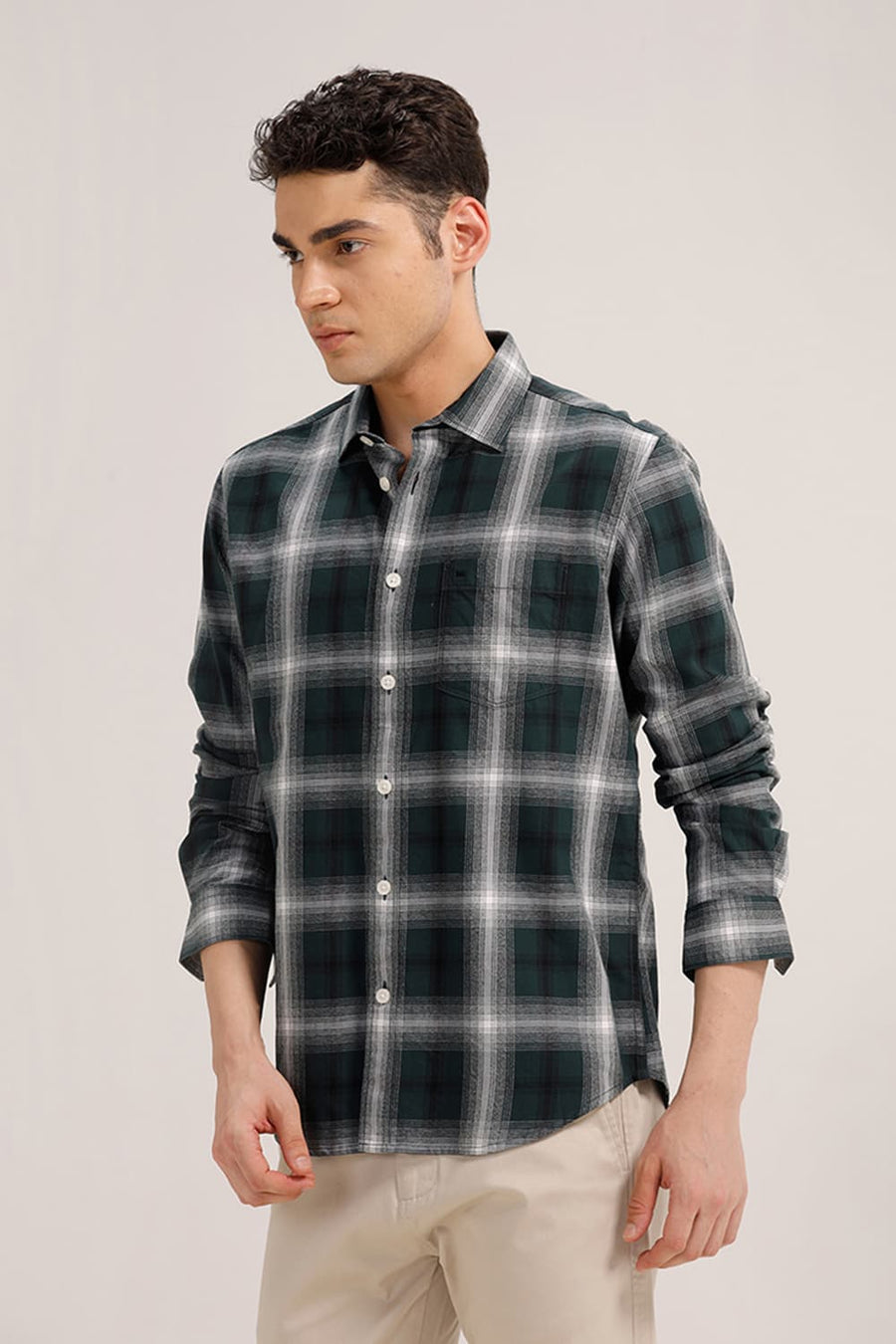 BASICS SLIM FIT DARK GREEN COTTON GRINDLE CHECKS SHIRT