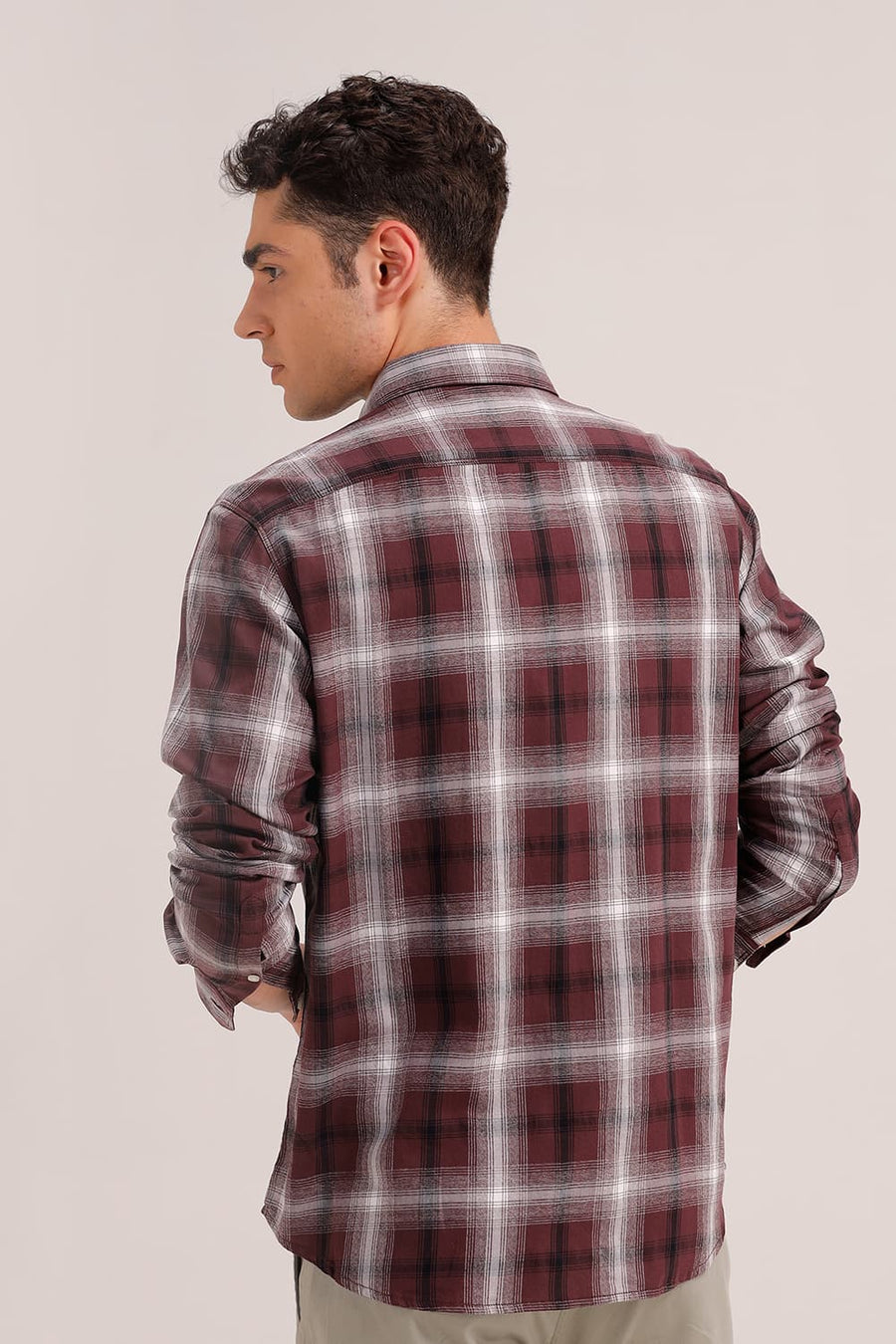 BASICS SLIM FIT DARK BROWN COTTON GRINDLE CHECKS SHIRT