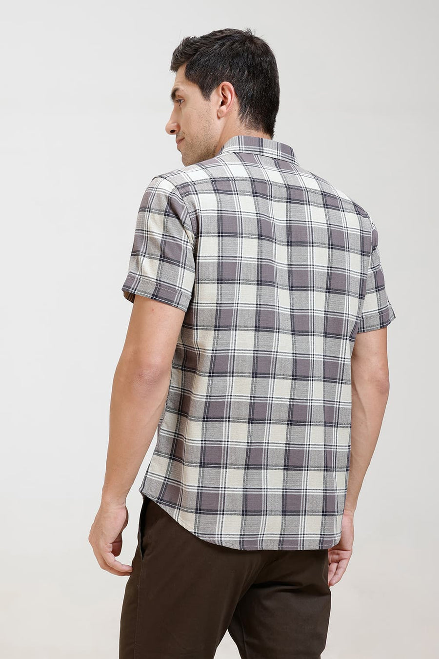 BASICS SLIM FIT BROWN COTTON HOPSACK CHECKS HALFSLEEVES SHIRT