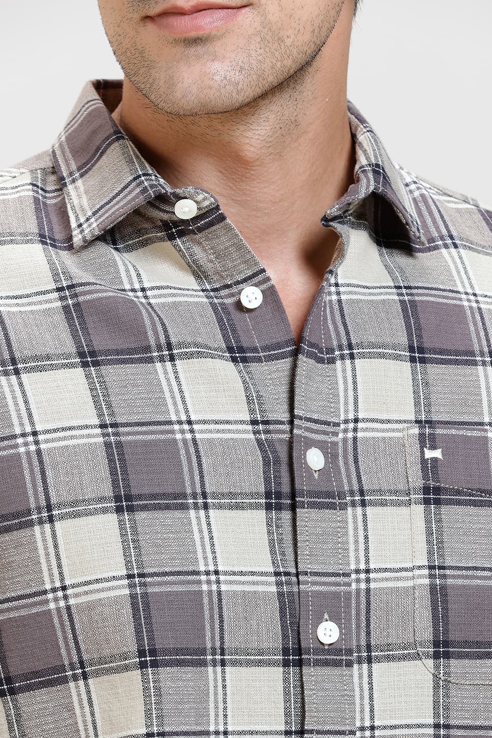 SLIM FIT COTTON HOPSACK CHECKS HALFSLEEVES SHIRT