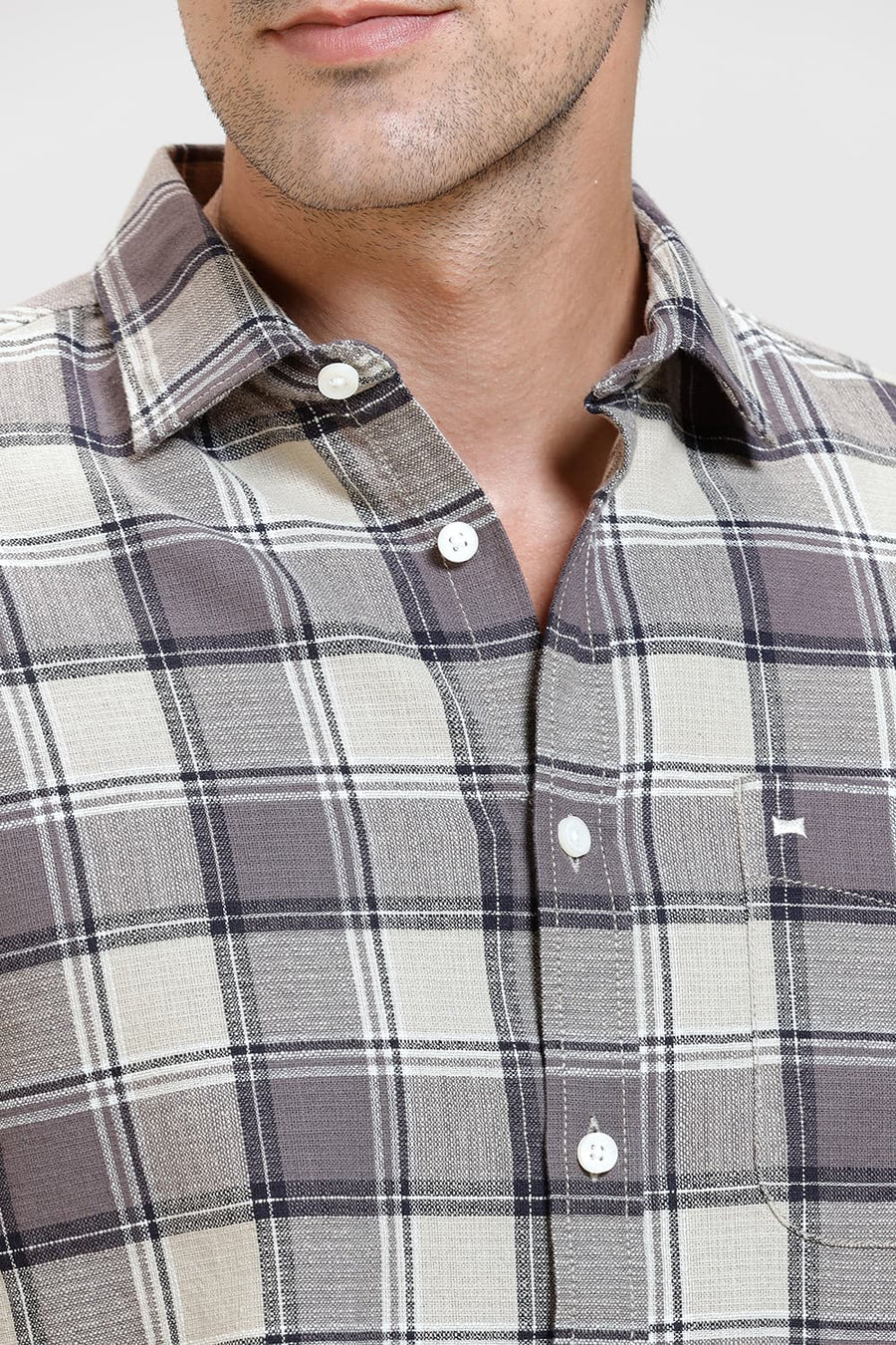 BASICS SLIM FIT BROWN COTTON HOPSACK CHECKS HALFSLEEVES SHIRT