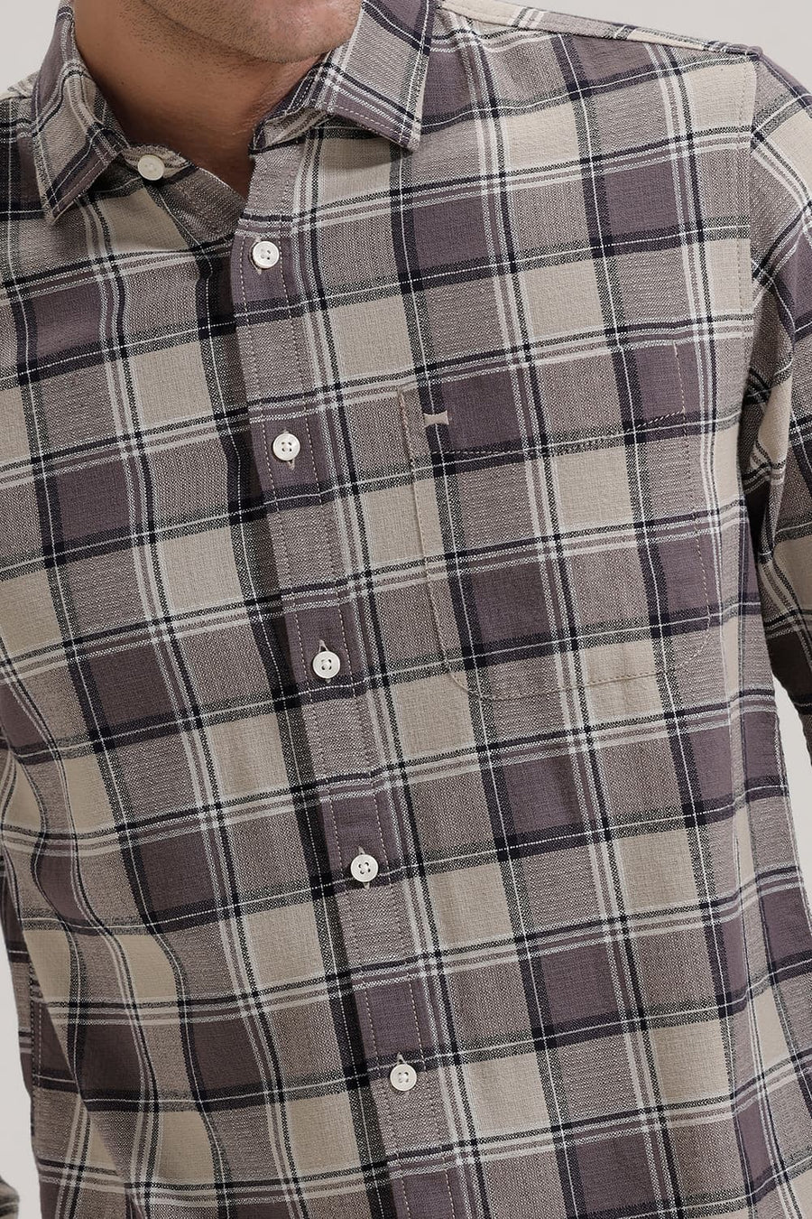 BASICS SLIM FIT BROWN COTTON HOPSACK CHECKS SHIRT