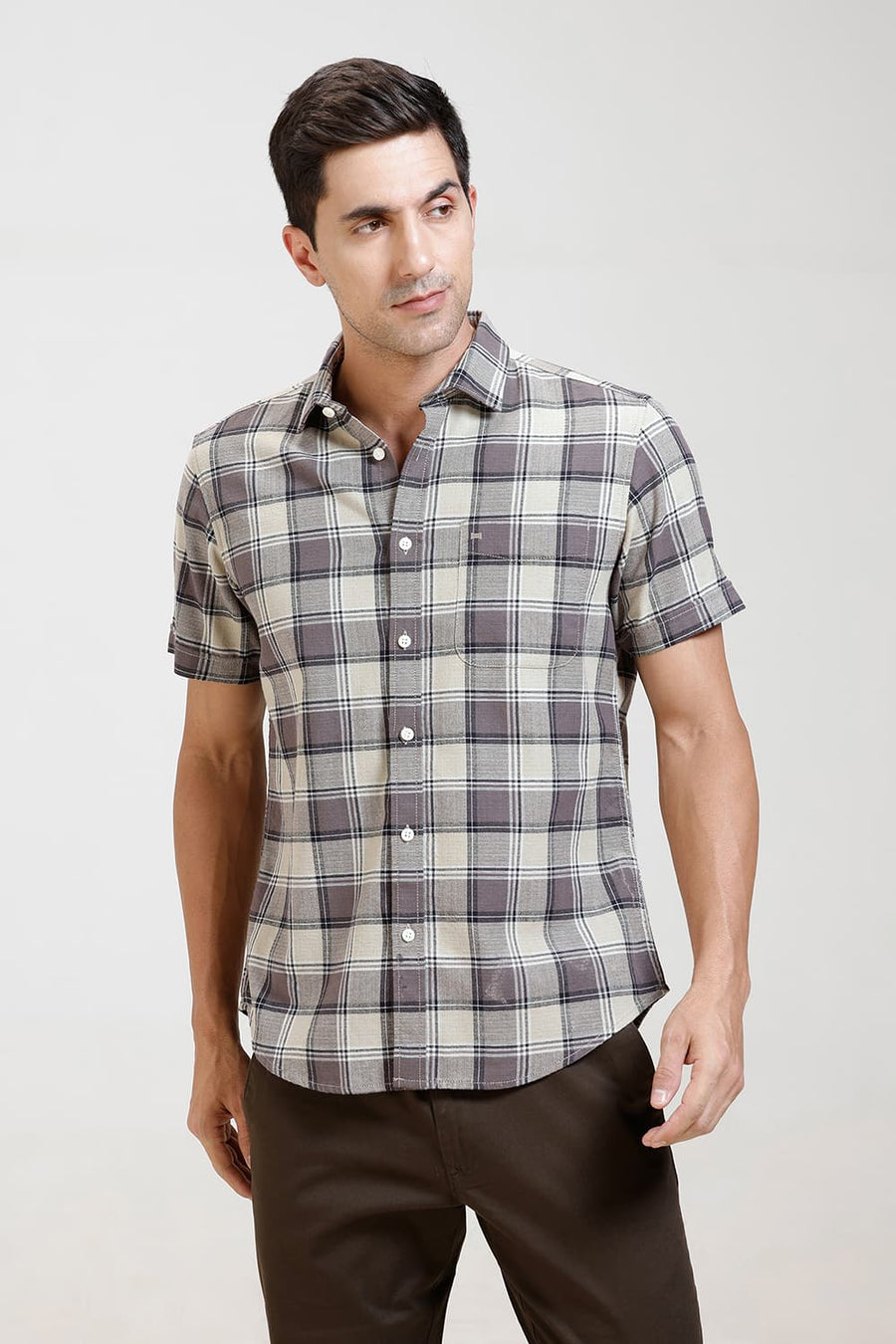 BASICS SLIM FIT BROWN COTTON HOPSACK CHECKS HALFSLEEVES SHIRT