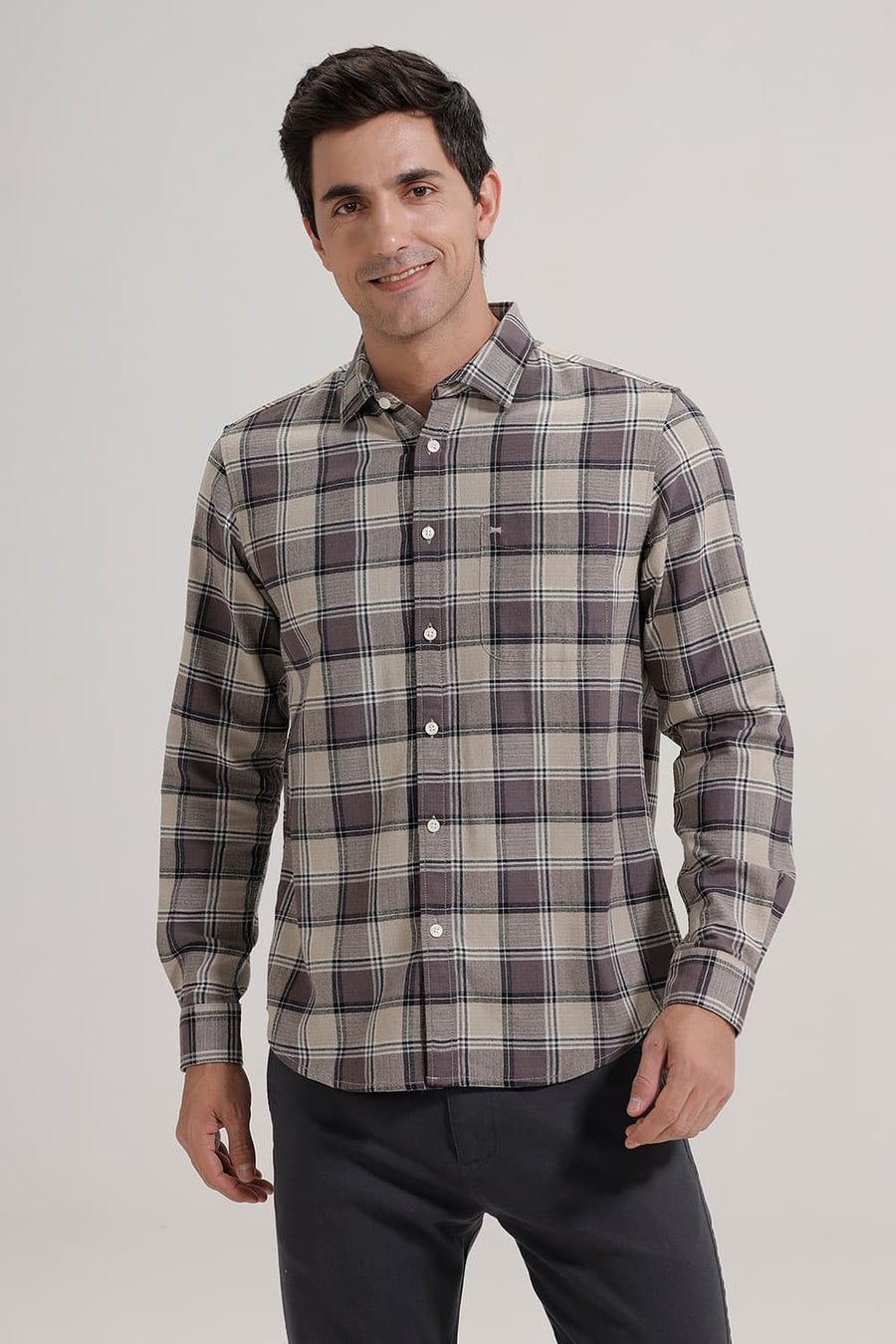 BASICS SLIM FIT BROWN COTTON HOPSACK CHECKS SHIRT