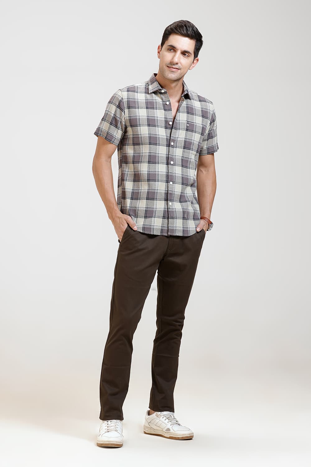 SLIM FIT COTTON HOPSACK CHECKS HALFSLEEVES SHIRT
