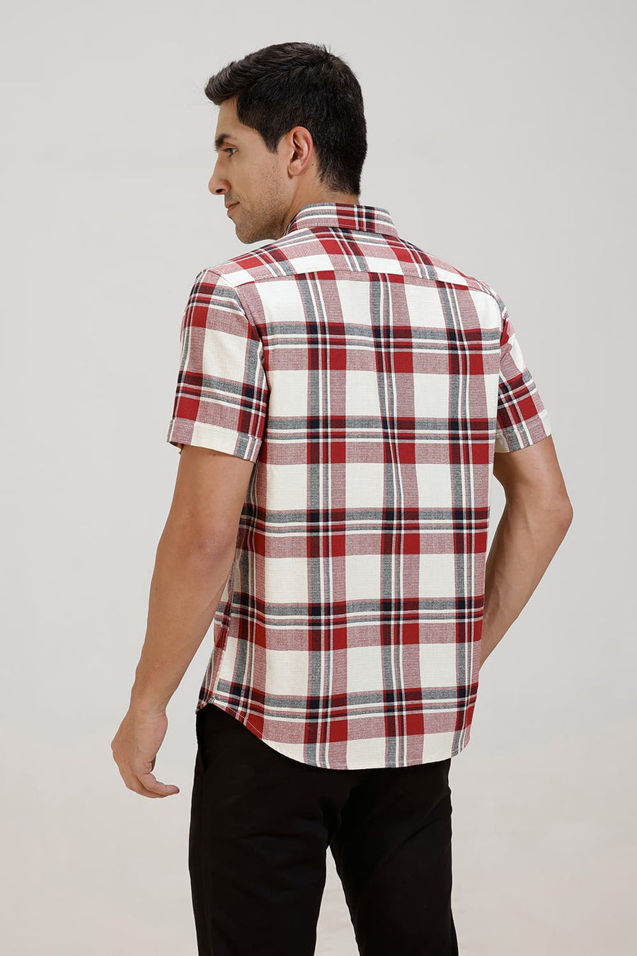 BASICS SLIM FIT RED COTTON HOPSACK CHECKS HALFSLEEVES SHIRT