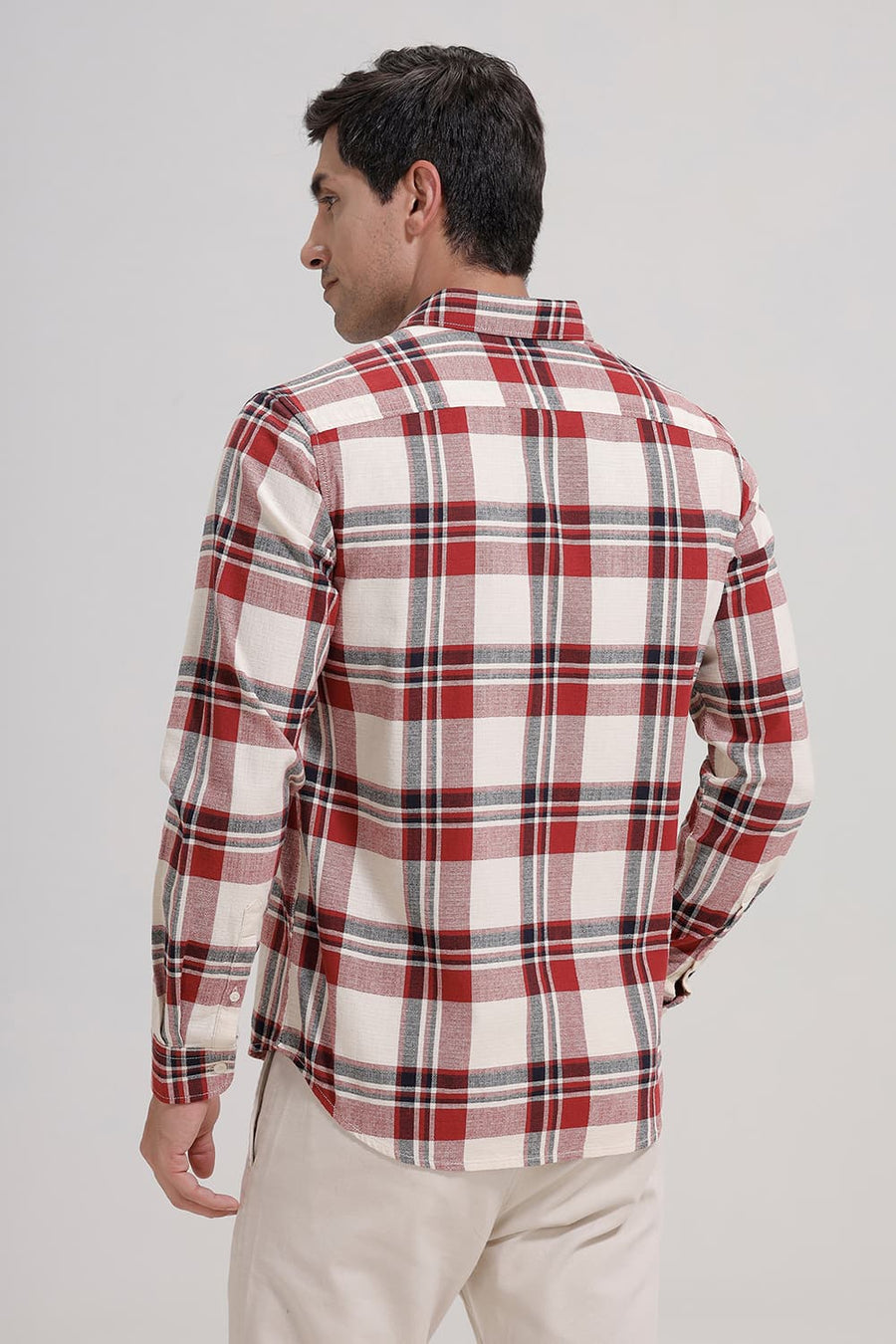 BASICS SLIM FIT RED COTTON HOPSACK CHECKS SHIRT