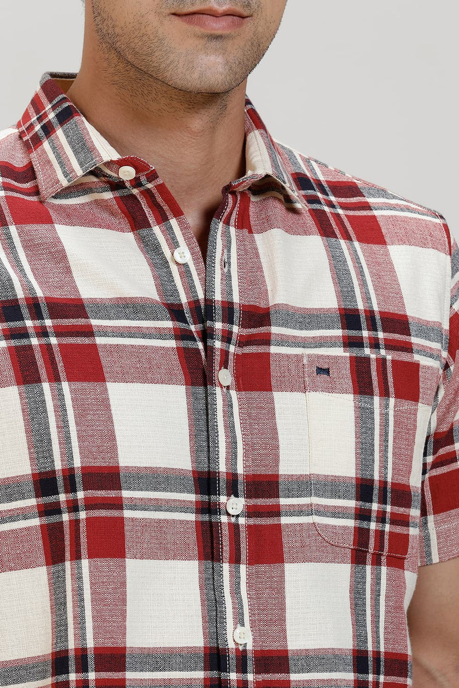 BASICS SLIM FIT RED COTTON HOPSACK CHECKS HALFSLEEVES SHIRT
