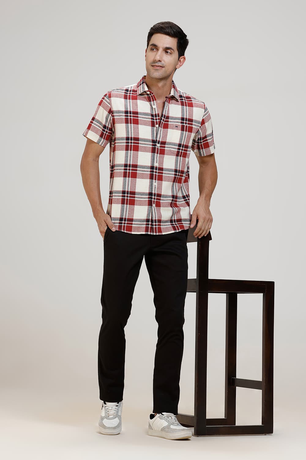 SLIM FIT COTTON HOPSACK CHECKS HALFSLEEVES SHIRT