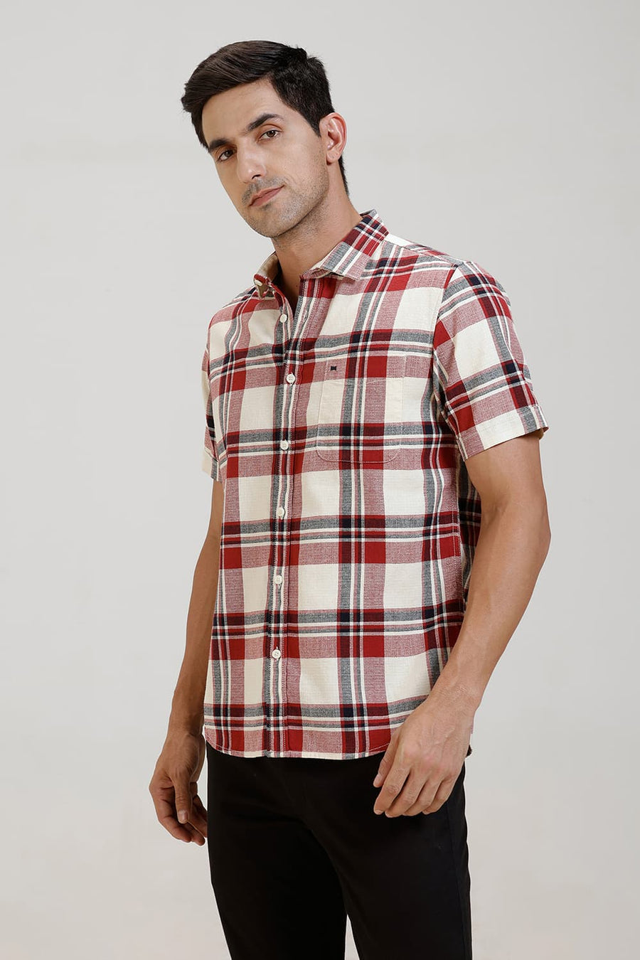 BASICS SLIM FIT RED COTTON HOPSACK CHECKS HALFSLEEVES SHIRT