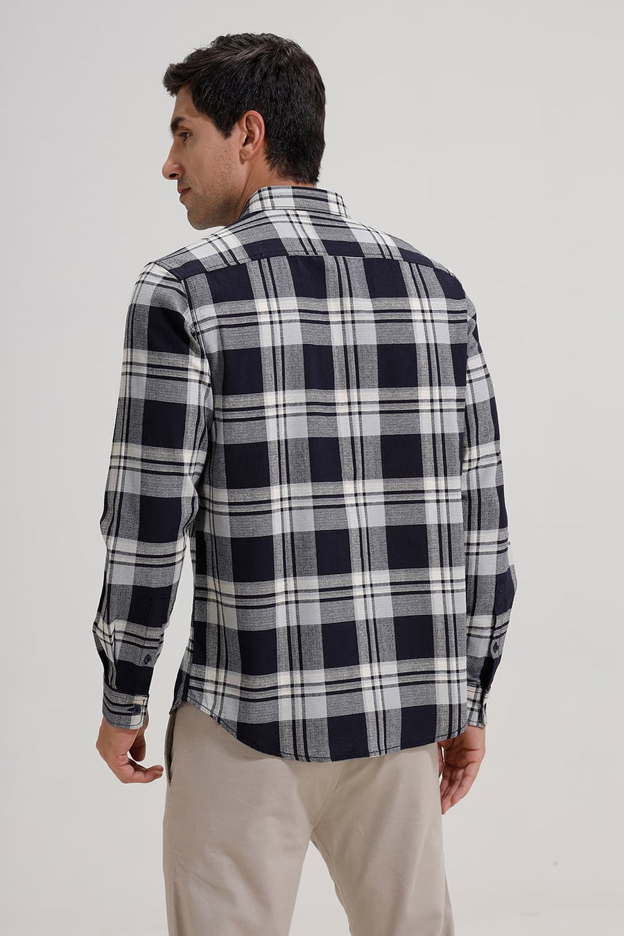 BASICS SLIM FIT GREY COTTON HOPSACK CHECKS SHIRT