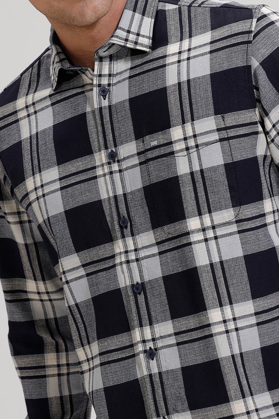 BASICS SLIM FIT GREY COTTON HOPSACK CHECKS SHIRT