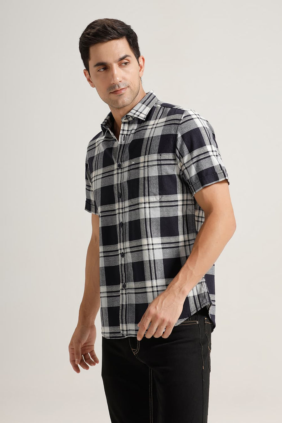 BASICS SLIM FIT GREY COTTON HOPSACK CHECKS HALFSLEEVES SHIRT