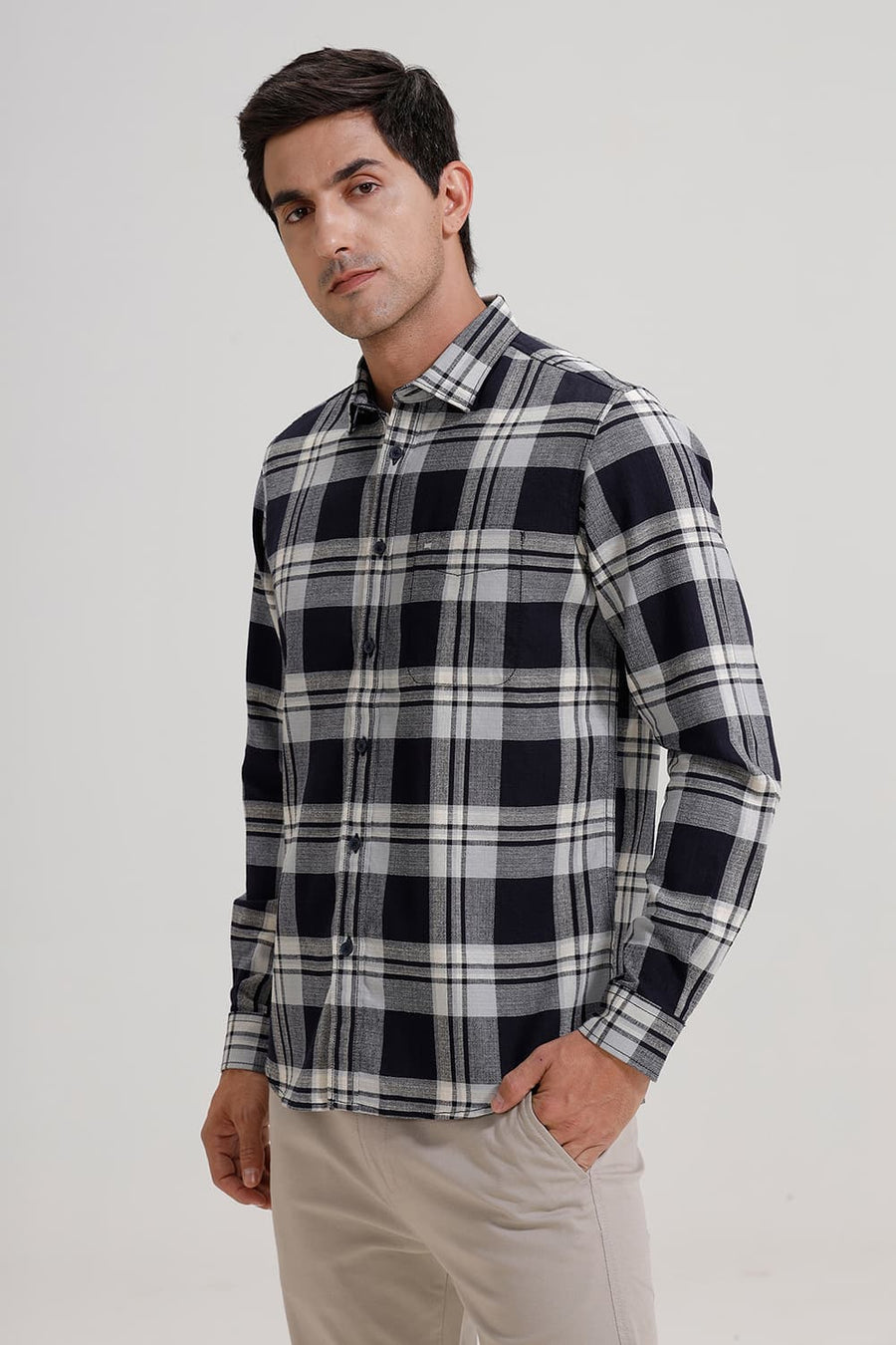 BASICS SLIM FIT GREY COTTON HOPSACK CHECKS SHIRT