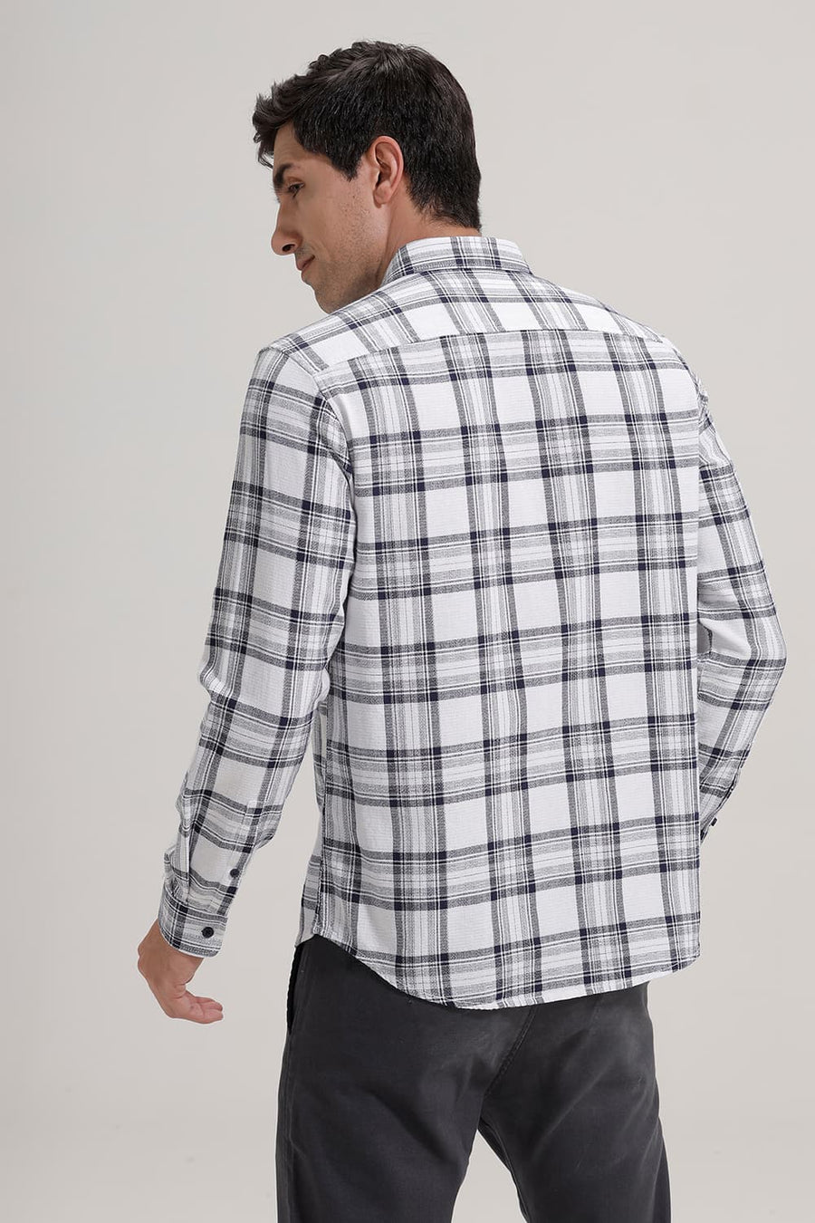 BASICS SLIM FIT NAVY COTTON HOPSACK CHECKS SHIRT
