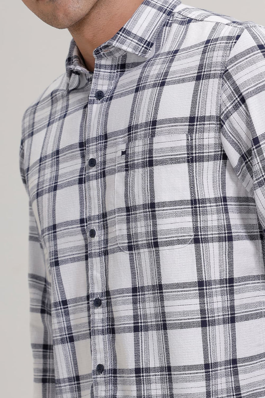 BASICS SLIM FIT NAVY COTTON HOPSACK CHECKS SHIRT