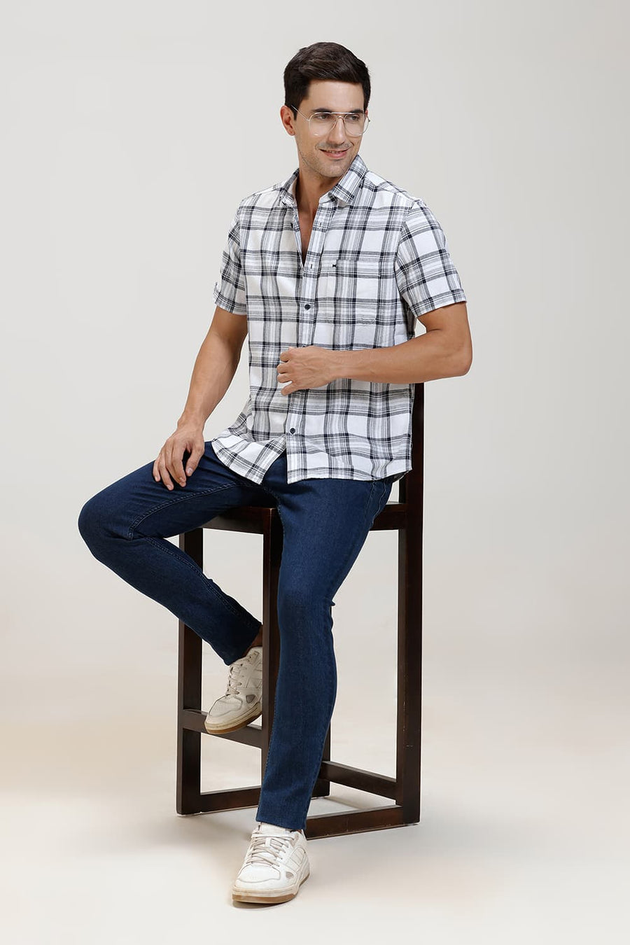 BASICS SLIM FIT NAVY COTTON HOPSACK CHECKS HALFSLEEVES SHIRT