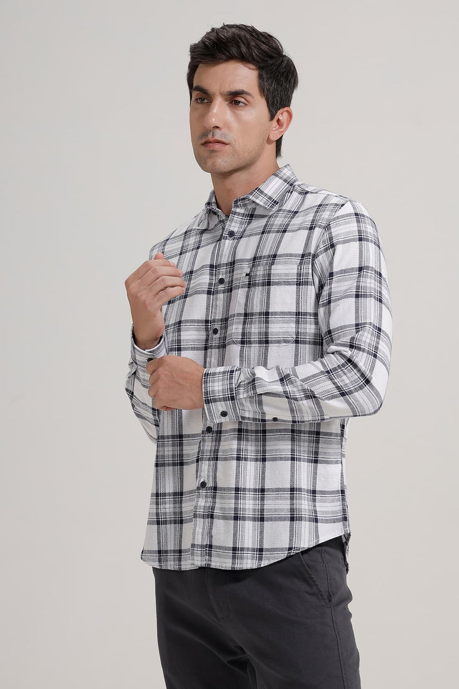 BASICS SLIM FIT NAVY COTTON HOPSACK CHECKS SHIRT