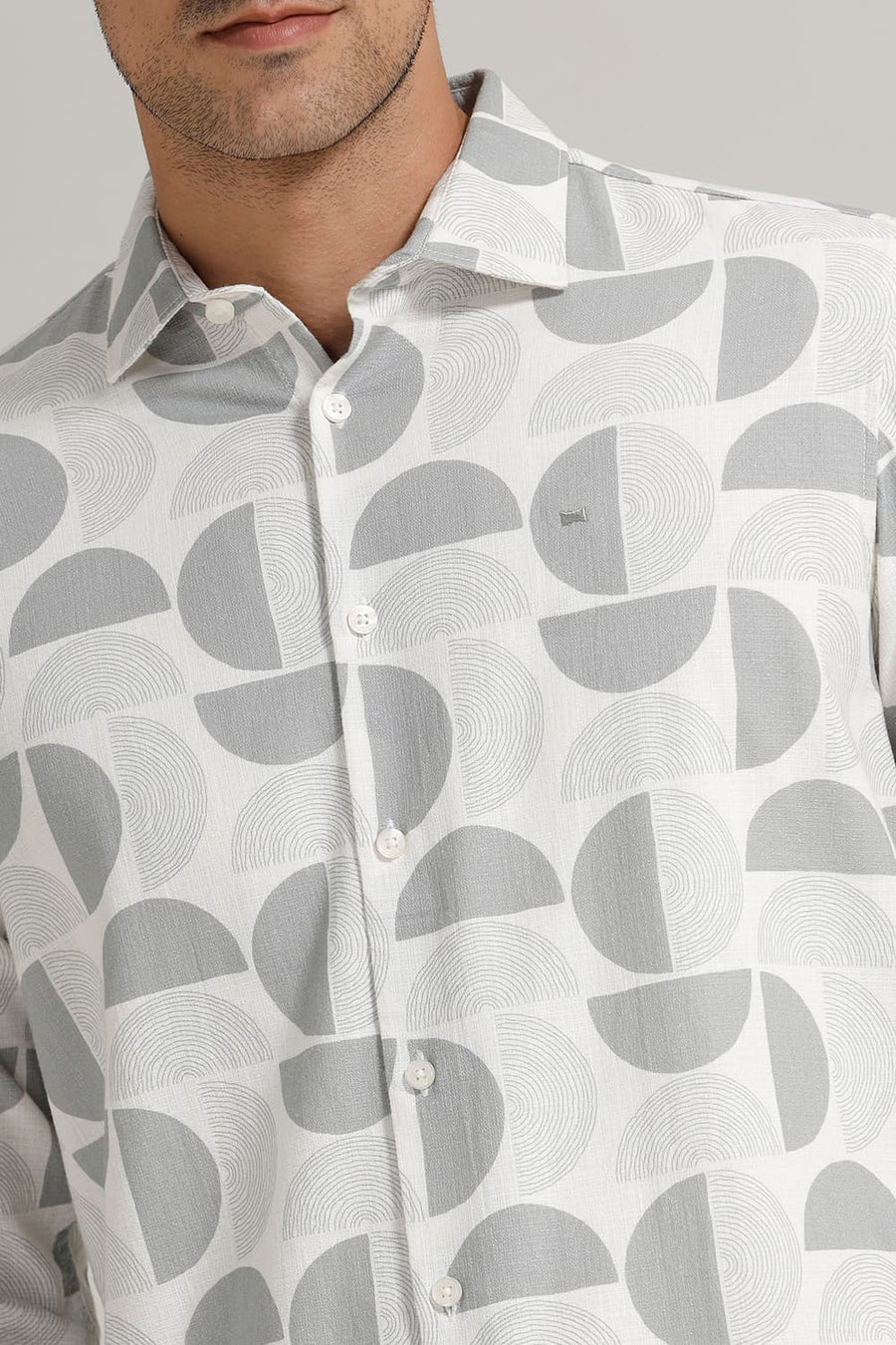 BASICS SLIM FIT WHITE COTTON HOPSACK PRINTED SHIRT