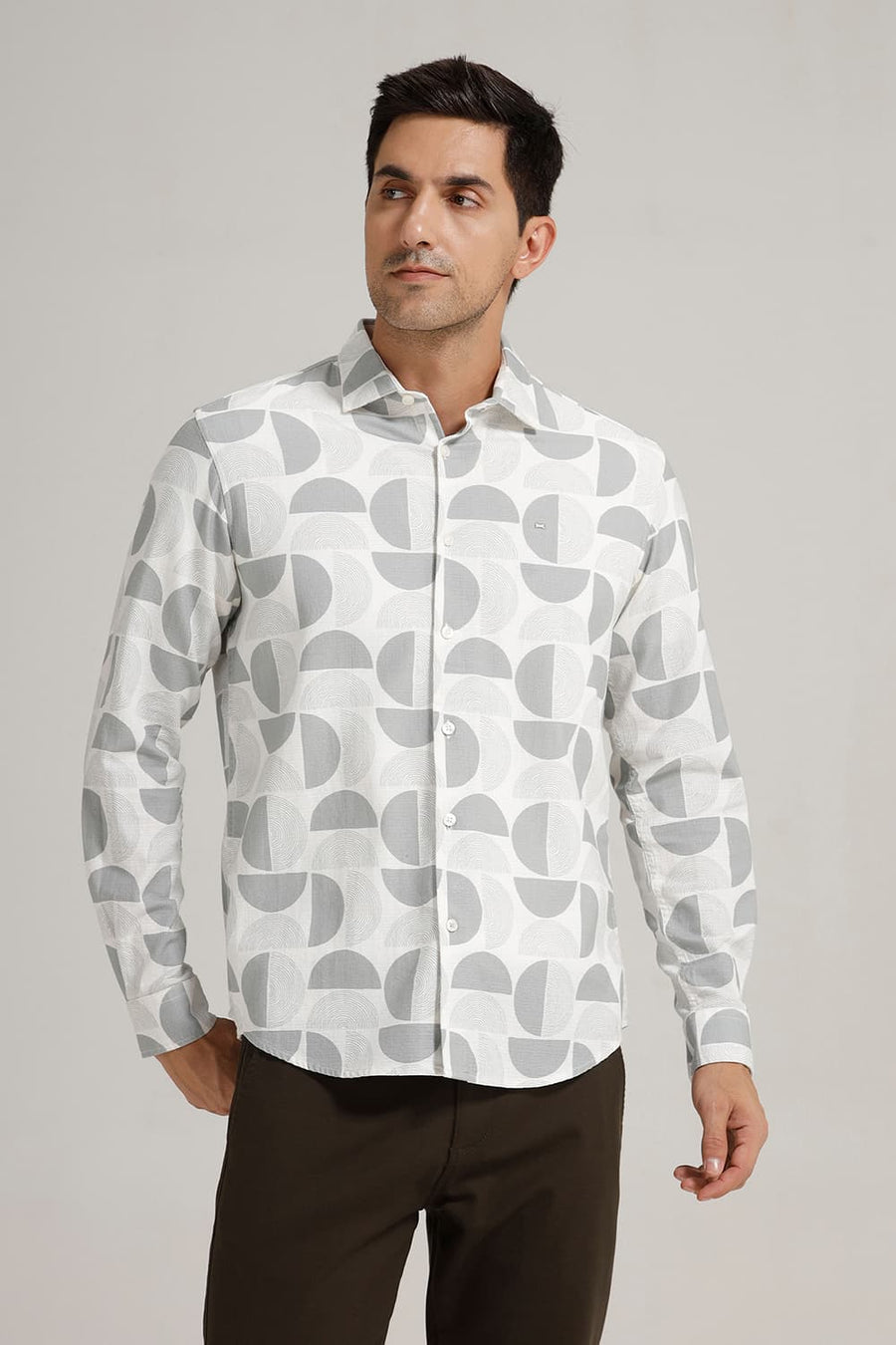 BASICS SLIM FIT WHITE COTTON HOPSACK PRINTED SHIRT