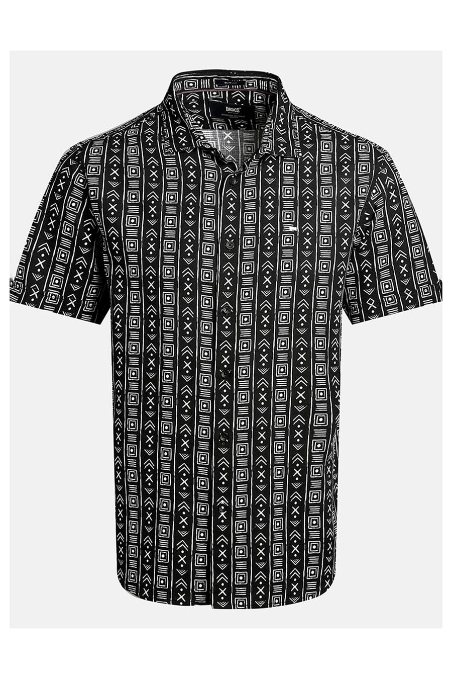 BASICS SLIM FIT BLACK COTTON HOPSACK PRINTED HALFSLEEVES SHIRT
