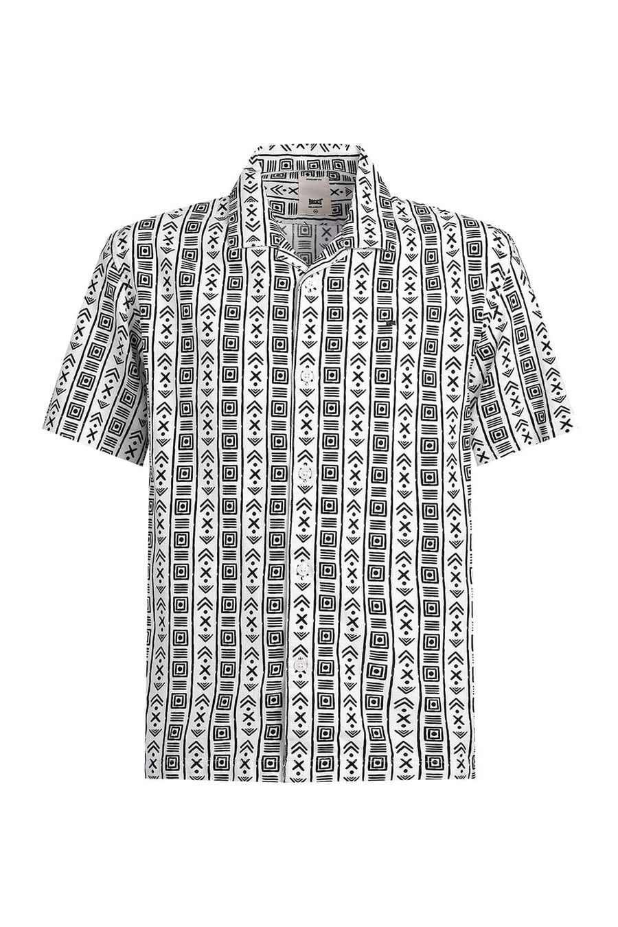 BASICS RELAXED FIT WHITE COTTON HOPSACK PRINTED HALFSLEEVES SHIRT