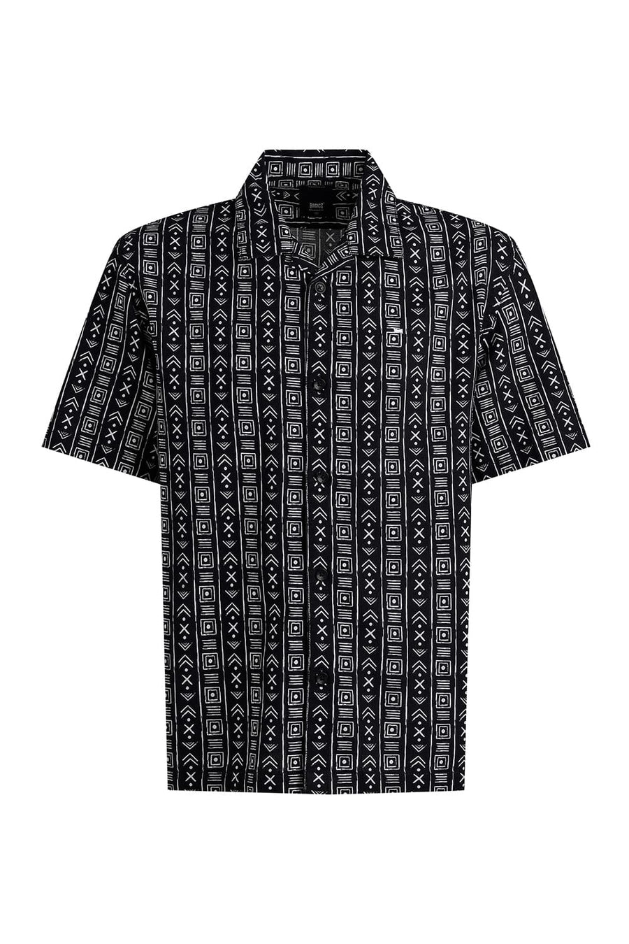 BASICS RELAXED FIT BLACK COTTON HOPSACK PRINTED HALFSLEEVES SHIRT