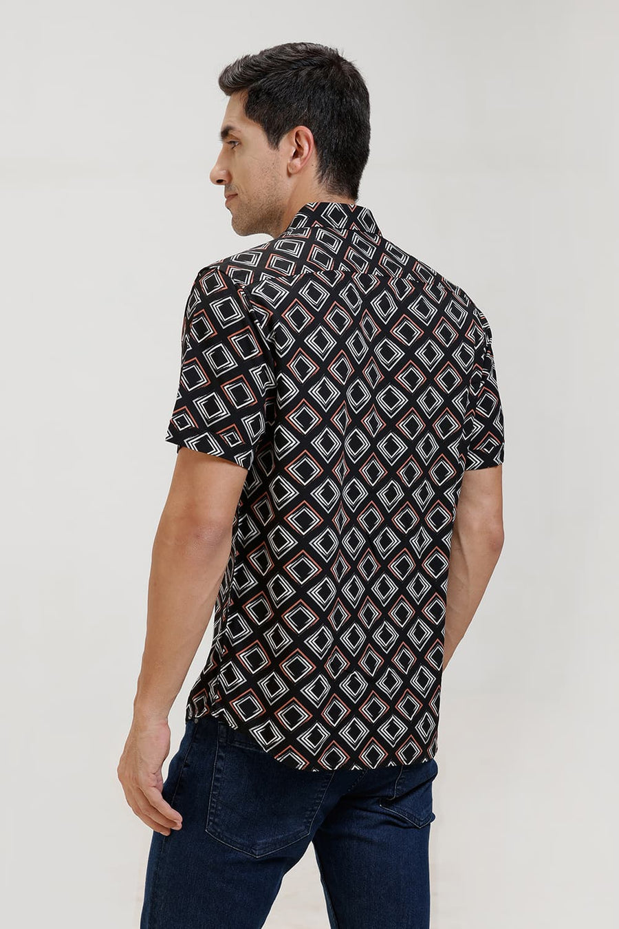 BASICS SLIM FIT BLACK VISCOSE PRINTED HALFSLEEVES SHIRT