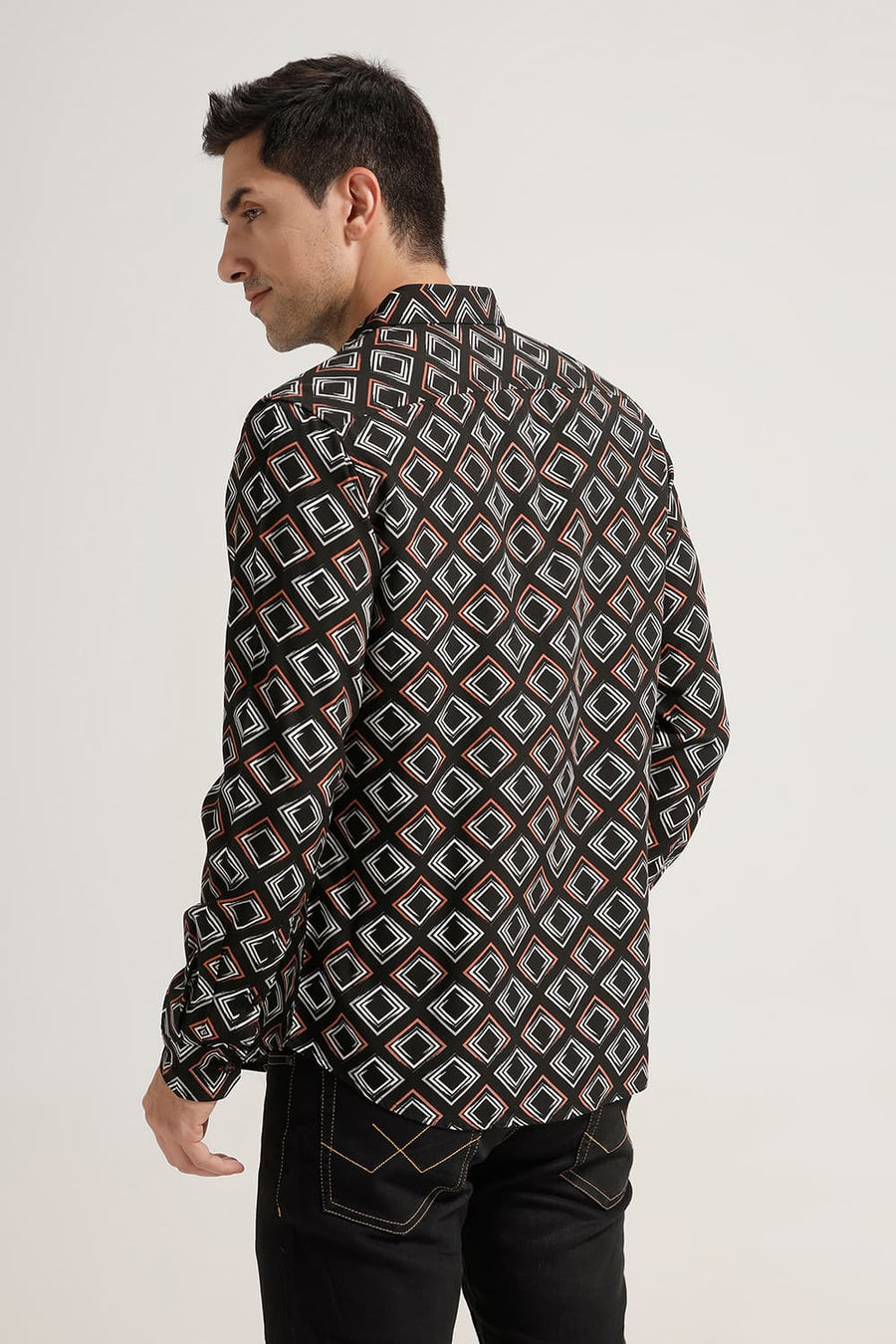 BASICS SLIM FIT BLACK VISCOSE PRINTED SHIRT