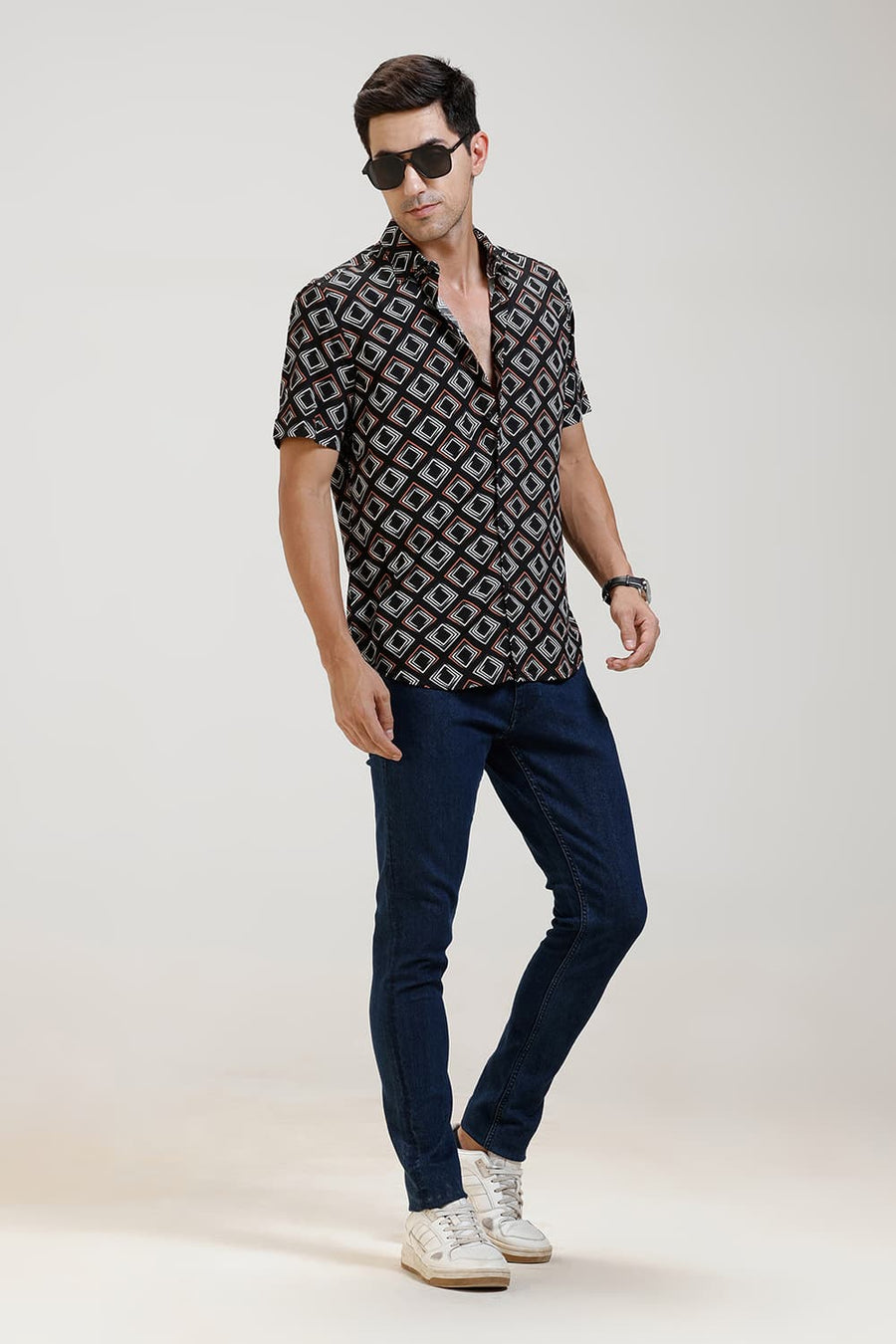BASICS SLIM FIT BLACK VISCOSE PRINTED HALFSLEEVES SHIRT
