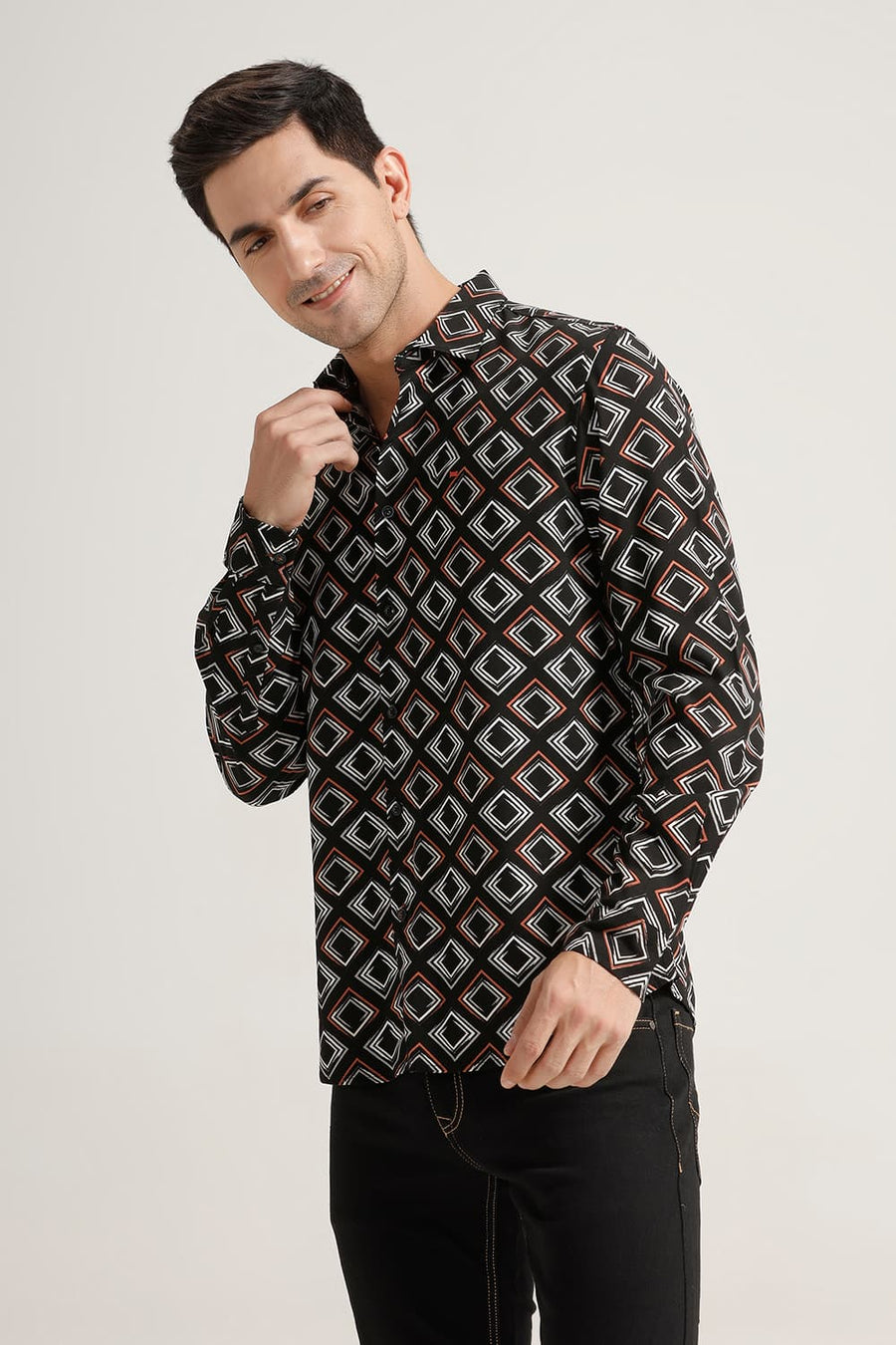 BASICS SLIM FIT BLACK VISCOSE PRINTED SHIRT