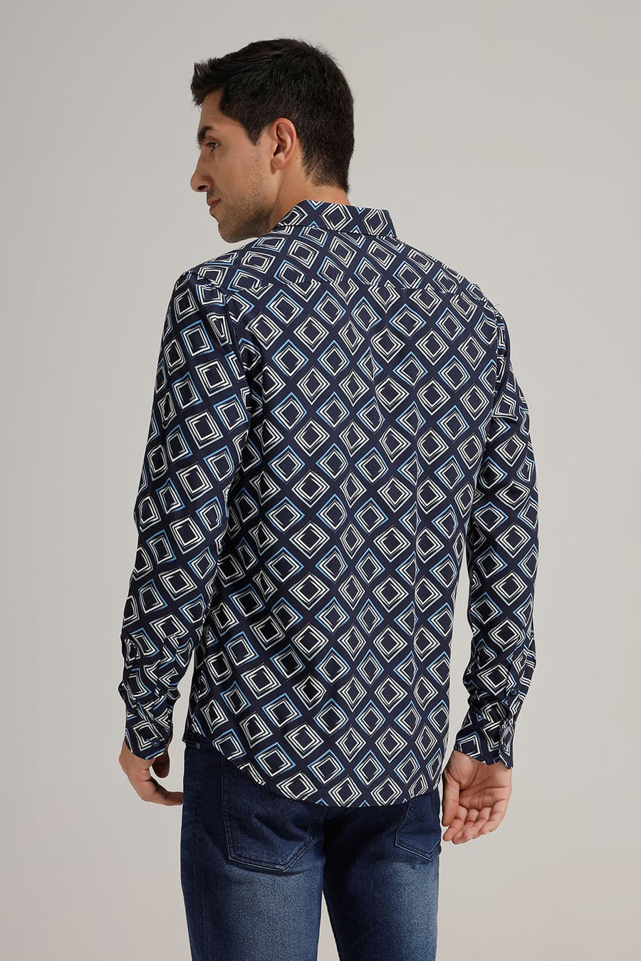 BASICS SLIM FIT NAVY VISCOSE PRINTED SHIRT