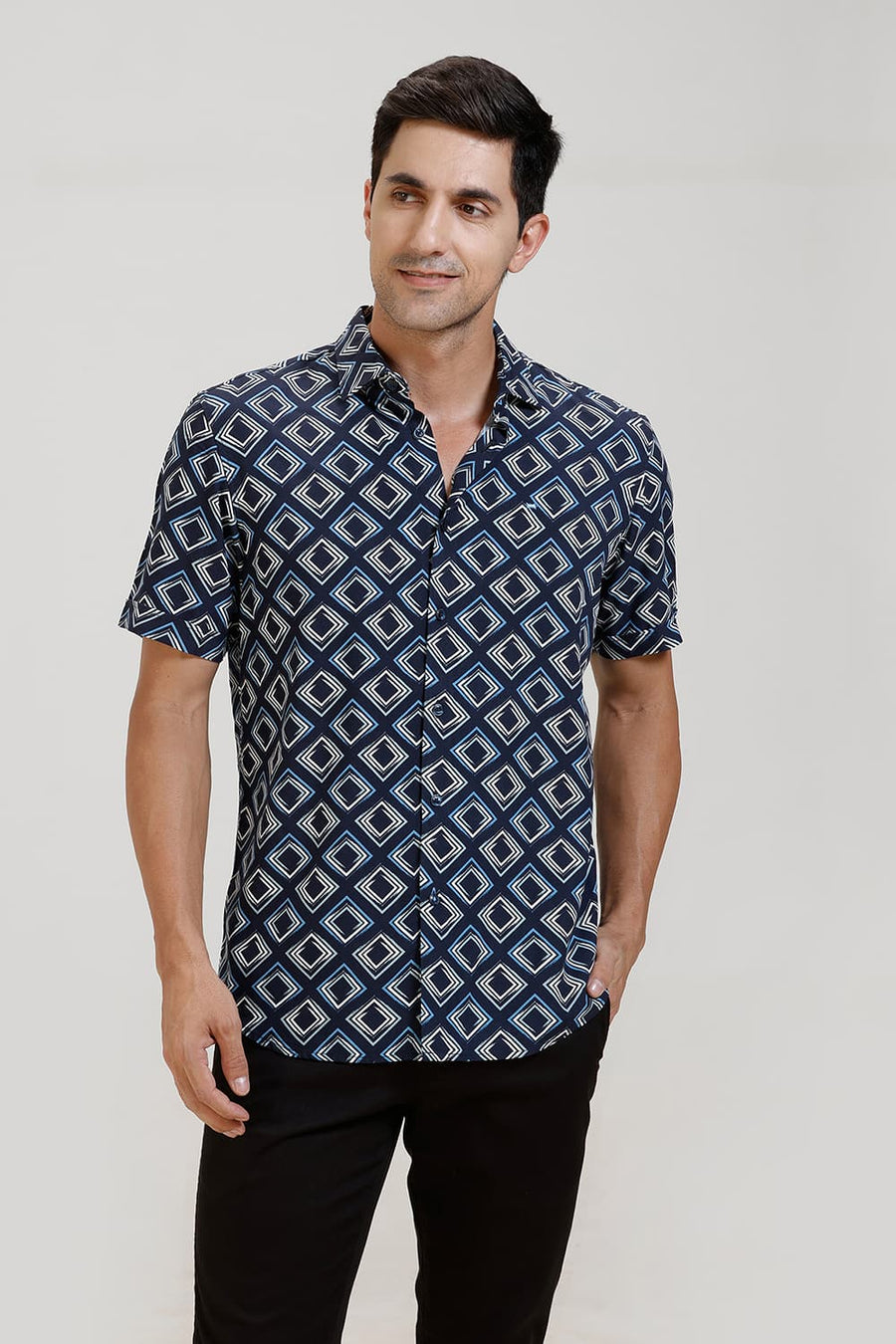 BASICS SLIM FIT NAVY VISCOSE PRINTED HALFSLEEVES SHIRT