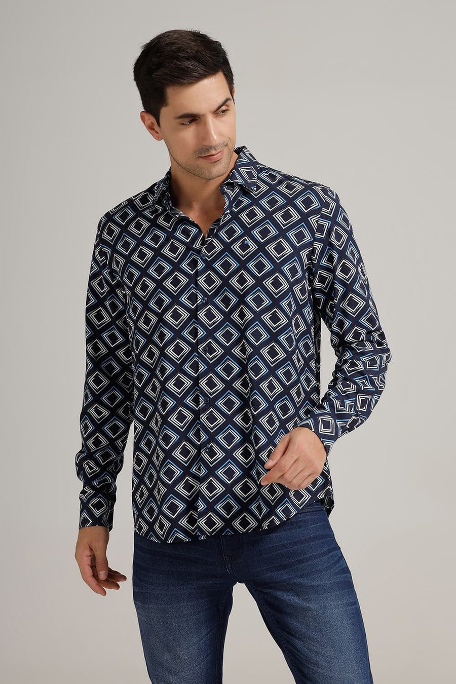 BASICS SLIM FIT NAVY VISCOSE PRINTED SHIRT